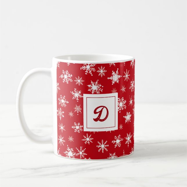 Caneca De Café Padrão Vermelho de Floco de Neve de Natal com Mono (Esquerda)