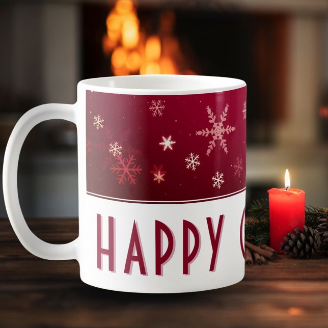 Caneca De Café Padrão Vermelho Moderno em Floco de Neve Feliz Nat (Criador carregado)