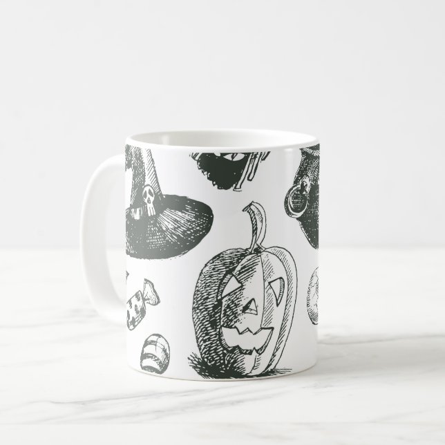 Caneca De Café Padrão Vintage Black & White Halloween (Frente Esquerda)