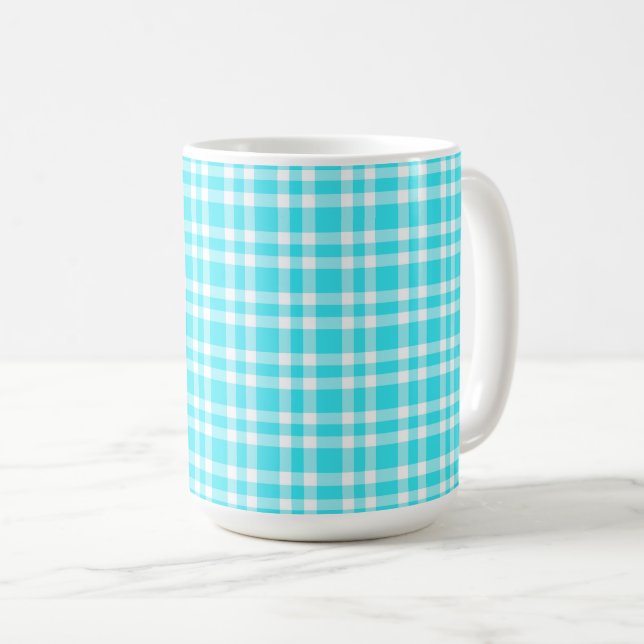 Caneca De Café Padrão Xadrez Azul Branco (Frente Esquerda)