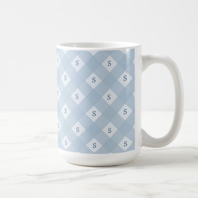 Caneca De Café Padrão Xadrez Azul e Branco com Inicial (Direita)