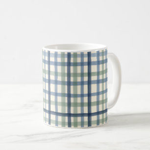 Caneca De Café Padrão Xadrez Azul Vintage Verde Sage Azul Empoe