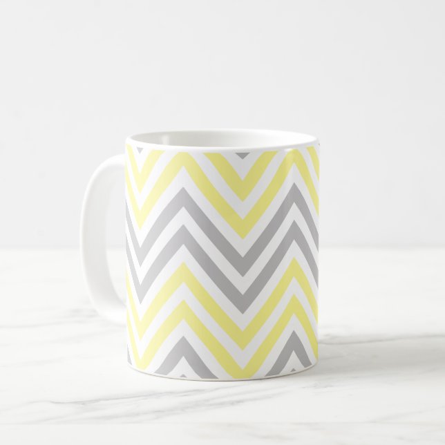 Caneca De Café Padrão Zigzag, Padrão Chevron, Amarelo, Cinza (Frente Esquerda)