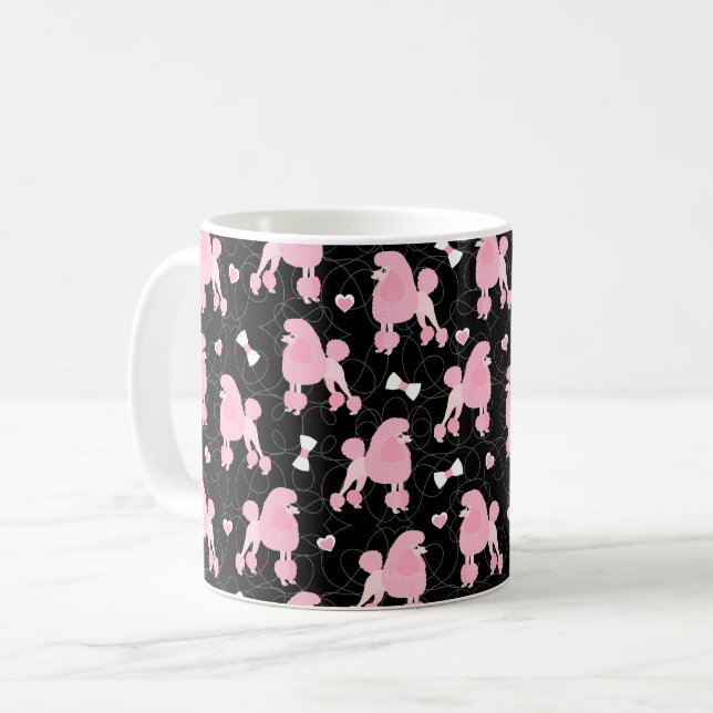 Caneca De Café Padrões de Arcos e Poodles Rosa Pretos (Frente Esquerda)