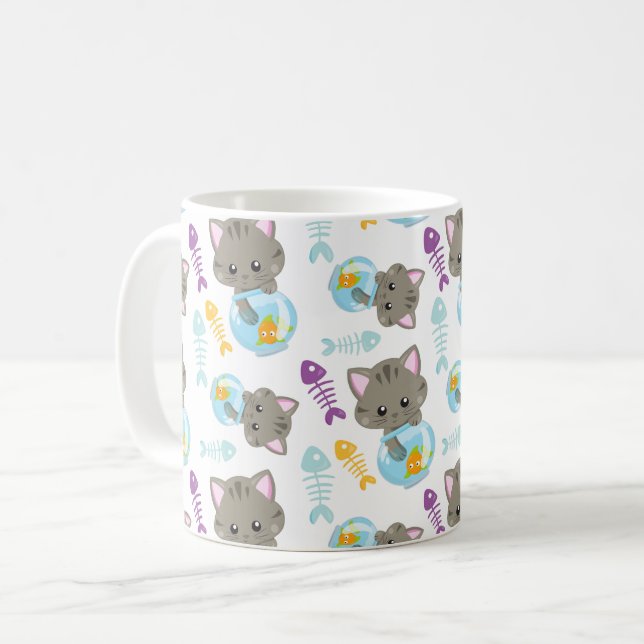 Caneca De Café Padrões De Gatos, Gatos Cutes, Gatinhos, Peixes (Frente Esquerda)