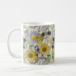 Caneca De Café Padrões de girassol e borboleta desenhados à mão