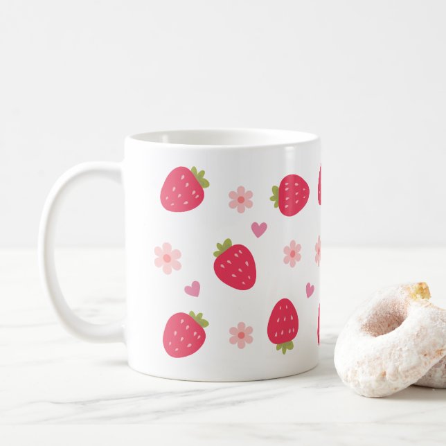 Caneca De Café Padrões de Morango Fofos (Com Donut)