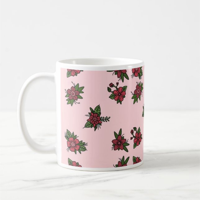 Caneca De Café Padrões de rosas, lindo design rosa e vermelho (Esquerda)