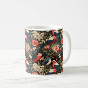 Caneca De Café Padrões decorativos de aves e flores com na moda