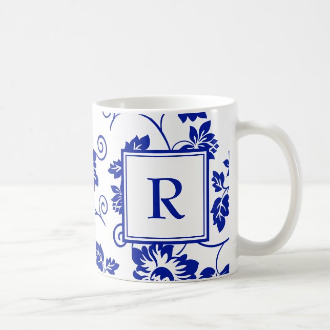 Caneca De Café Padrões do Jardim Azul Monograma Café Mug (Direita)