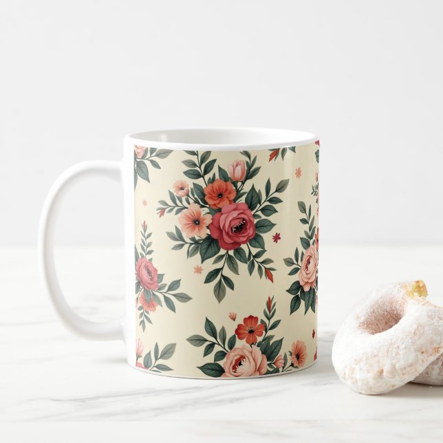 Caneca De Café Padrões florais vítreos com elegância clássica (Com Donut)