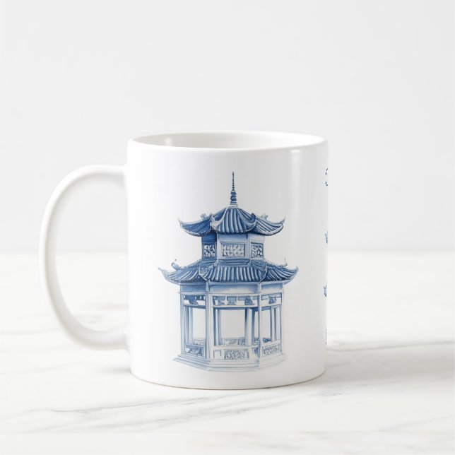 Caneca de Café Pagode Chinoiserie Azul e Branco (Esquerda)