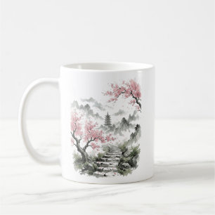 Caneca De Café Pagode de Flor de Cerejeira Japonesa Aquarela