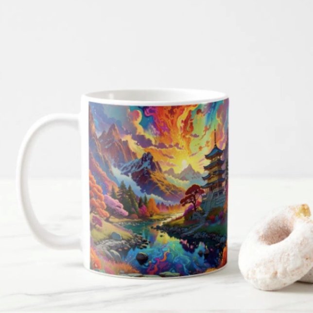 Caneca De Café Pagode e Paisagem Colorida (Vibrant Pagoda  Fantasy Landscape mug available in 11 oz & 15 oz. Microwave and dishwasher safe.)