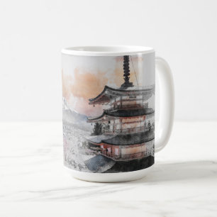 Caneca De Café Pagode Japonesa em Aquarela & Fuji