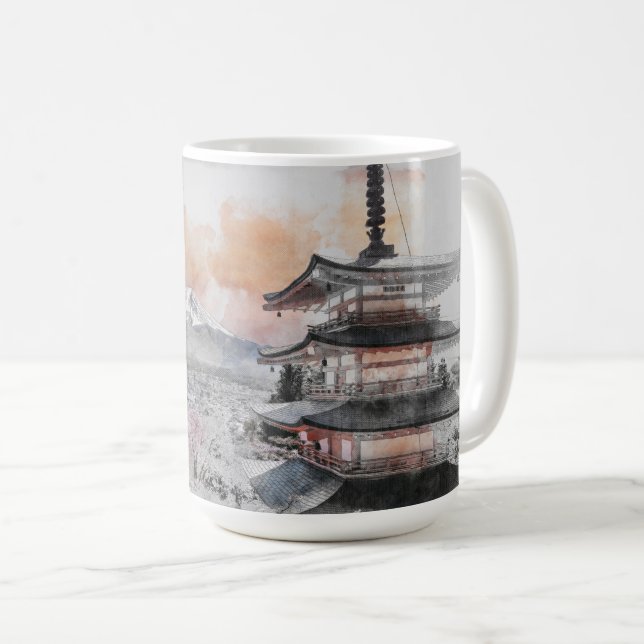 Caneca De Café Pagode Japonesa em Aquarela & Fuji (Frente Esquerda)