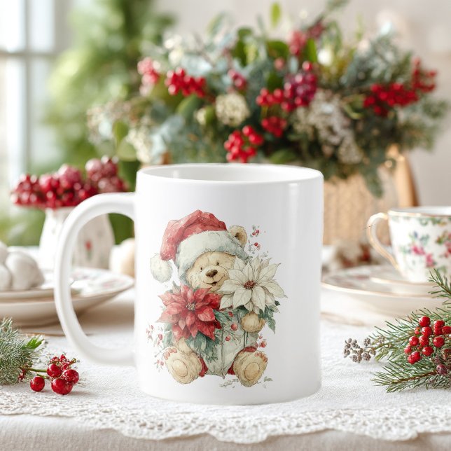 Caneca De Café Pai Natal ursinho com flores de Natal (Criador carregado)