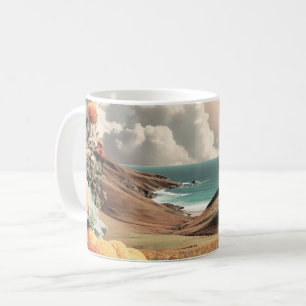 Caneca De Café Paisagem Costeira Surrealista com Flores e Nuvens