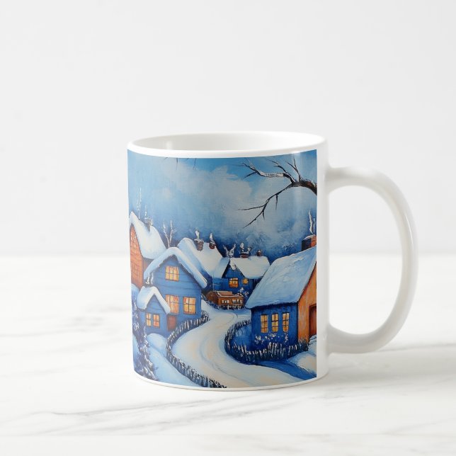 Caneca De Café Paisagem da Vila Snowman de Natal Azul e Branco (Direita)