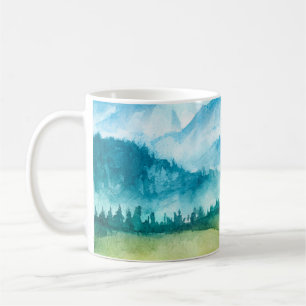 Caneca De Café Paisagem das montanhas. Ilustração de Aquarela.