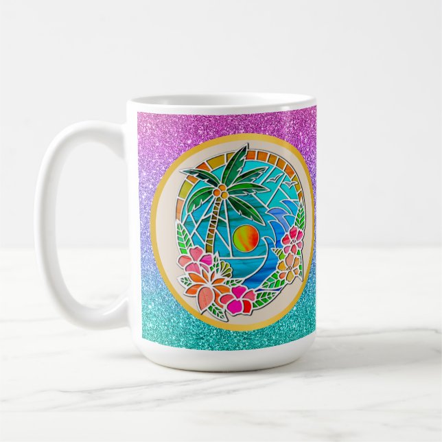 Caneca De Café Paisagem de Verão de Árvore de Palma do Oceano Dou (Esquerda)