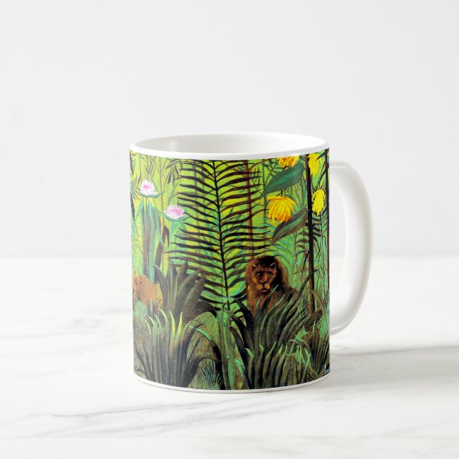 Caneca De Café Paisagem Exótica com Leão e Leoa, (Frente Esquerda)
