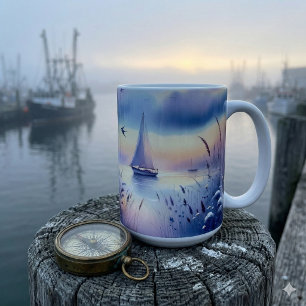 Caneca De Café Paisagem Sonho Costeira de Barco à Vela Pastel
