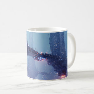 Caneca De Café Paisagem Urbana Futurista com Estruturas Flutuante