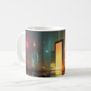 Caneca De Café Paisagem urbana futurista com reflexos de neon