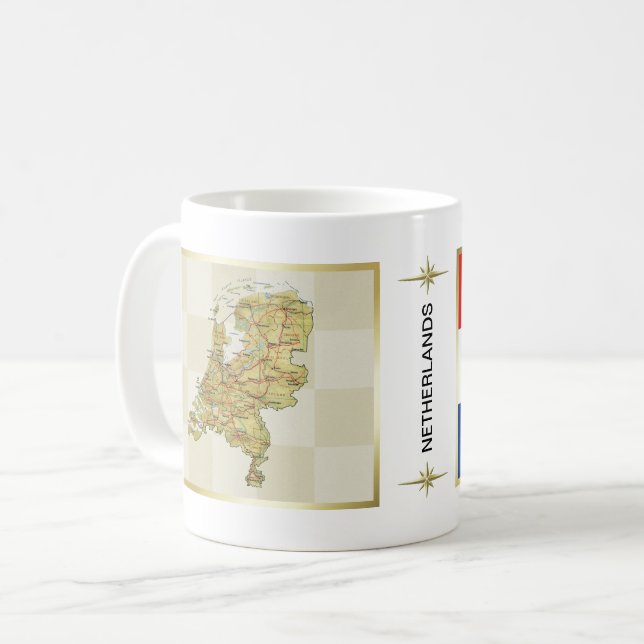 Caneca De Café Países Baixos Flag + Map Mug (Frente Esquerda)