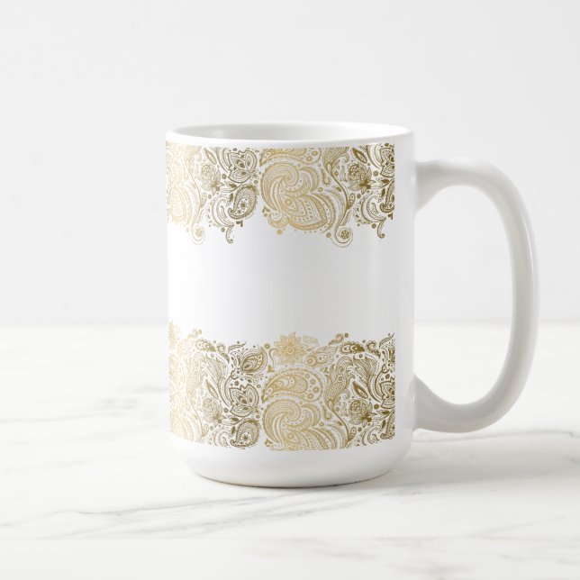 Caneca De Café Paisley Floral Branco E Dourado Elegante (Direita)