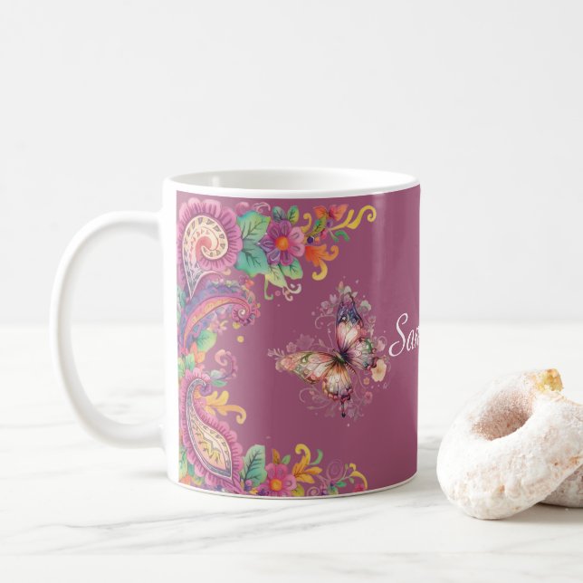 Caneca De Café Paisley Floral e de Borboleta (Com Donut)