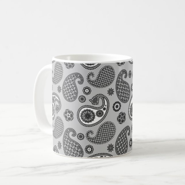 Caneca De Café Paisley Pattern, Cinza, Preto e Branco (Frente Esquerda)