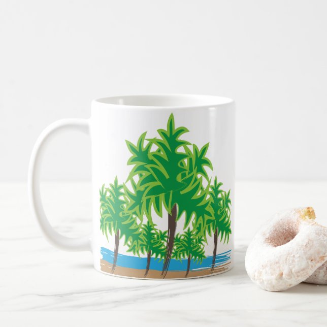 Caneca De Café Palm Trees Watercolor Beach Tropical (Com Donut)