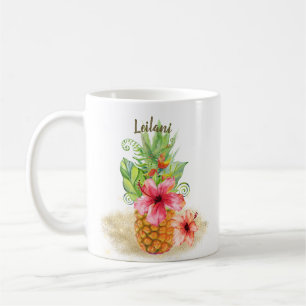 Caneca De Café Palma floral do hibiscus da aguarela tropical do