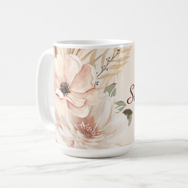 Caneca De Café Palmas de Flores de Aquarela Modernas Personalizad (Frente Esquerda)