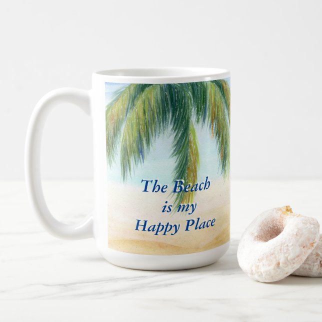 Caneca De Café Palmeira em um dia ensolarado na praia (Com Donut)