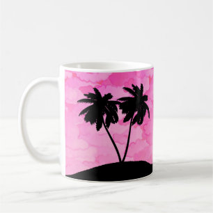 Caneca De Café Palmeira Silhouette contra o Rosa-amanhecido com N
