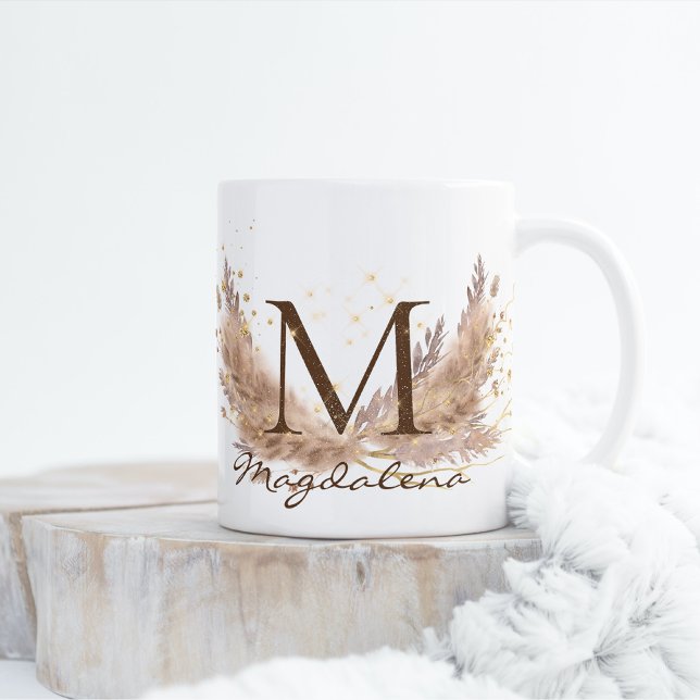 Caneca De Café Pampas Grama Boho Moderna Glam Fx Lascas Monograma (Criador carregado)