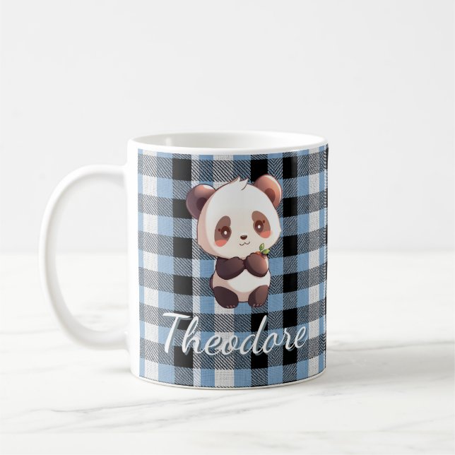 Caneca De Café Panda Bebê Fofo Personalizado Xadrez Azul (Esquerda)