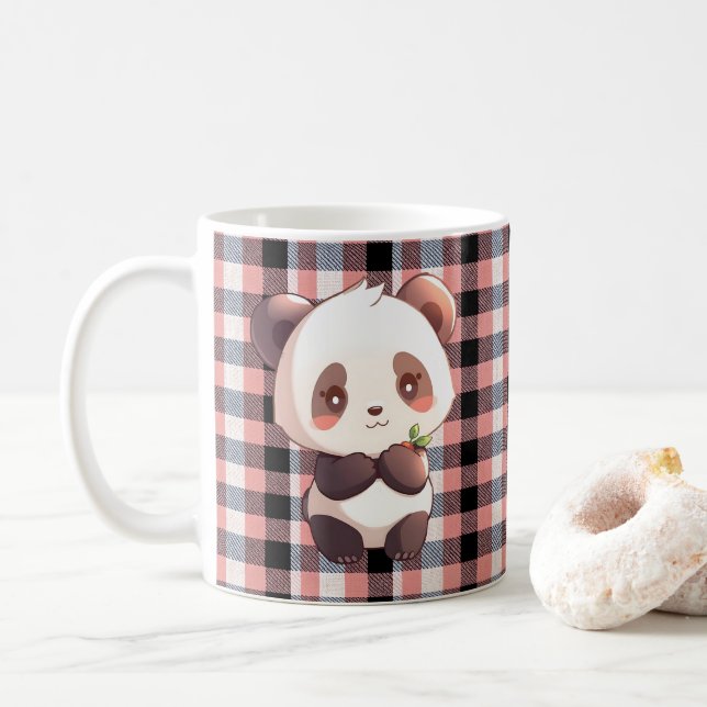 Caneca de Café Panda Fofa, Xícara de Plaid Búfalo  (Com Donut)