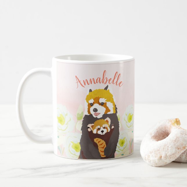 Caneca De Café Panda Vermelha Cor-de-rosa personalizada Panda Mãe (Com Donut)