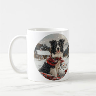 Caneca De Café Pano Collie Dog Snowman na fronteira de Natal