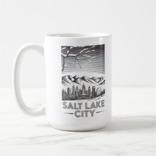 Caneca De Café Panorama de Salt Lake City em Preto e Branco Xilog