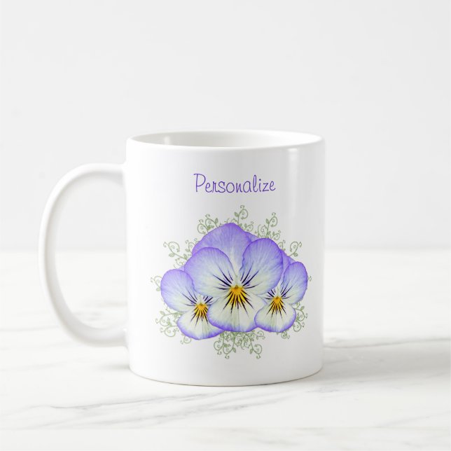 Caneca De Café Pansies roxos com nome (Esquerda)
