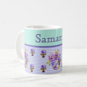 Caneca De Café Pansy Flower Aqua Stripe art floral Personalizável