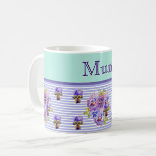 Caneca De Café Pansy Flower Aqua Stripe Mãe floral Dia de as mães