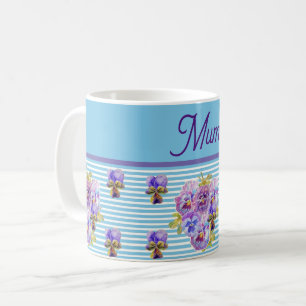 Caneca De Café Pansy Flower Aqua Stripe Mãe floral Dia de as mães