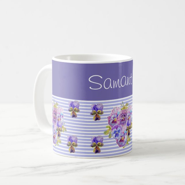 Caneca De Café Pansy Flower Purple Stripe floral Personalizável (Frente Esquerda)
