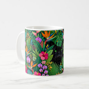 Caneca De Café Pantera Preta Flores da Selva & Folhagem Tropical